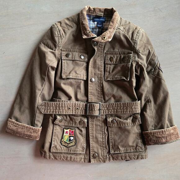 Ralph Lauren Military Jacket Youth 6 Brown Embroidered Patches Corduroy Collar